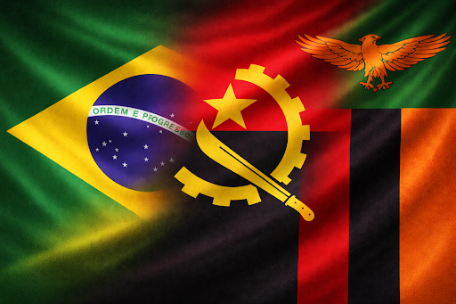 Bandeiras do Brasil e de Angola, simbolizando a ponte comercial conduzida pela GELDBOX